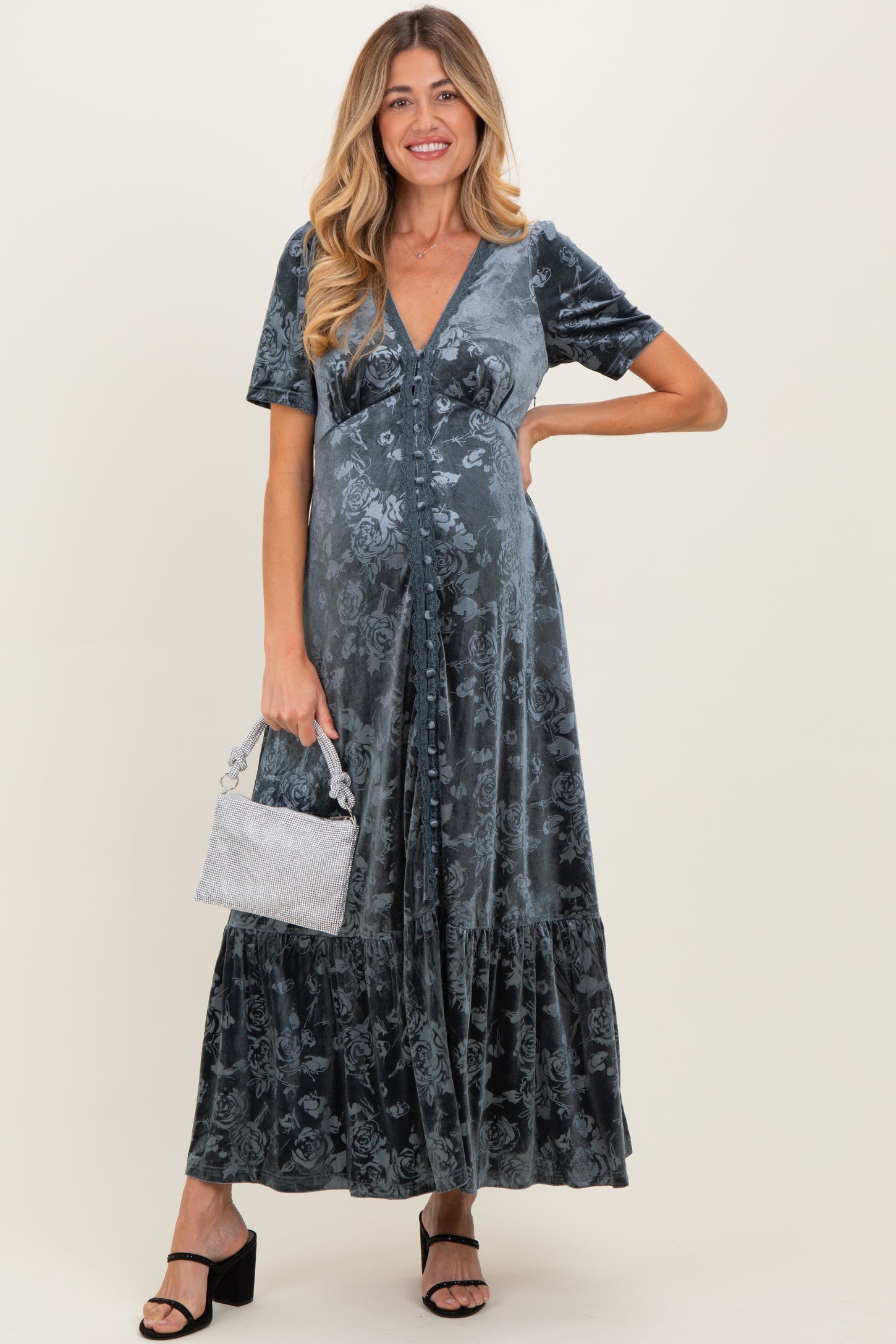 Blue Grey Velvet Floral Button Down Maternity Maxi Dress