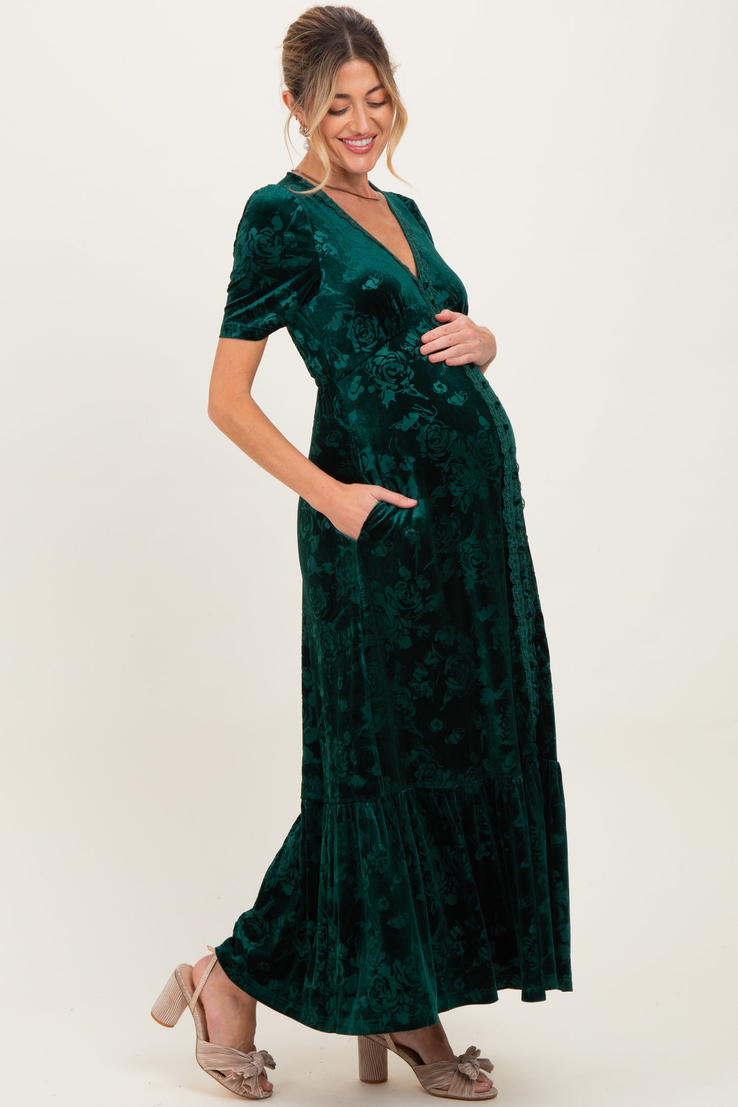 Forest Green Velvet Floral Button Down Maternity Maxi Dress