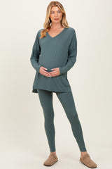 Olive Brushed Knit Maternity Oversized Top and Legging Set