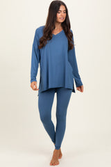 Blue Brushed Knit Maternity Oversized Top and Legging Set