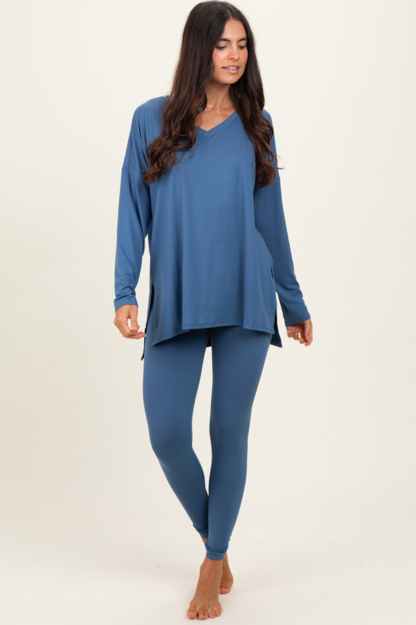 Blue Brushed Knit Oversized Top and Legging Set