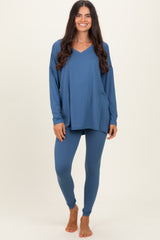 Blue Brushed Knit Oversized Top and Legging Set