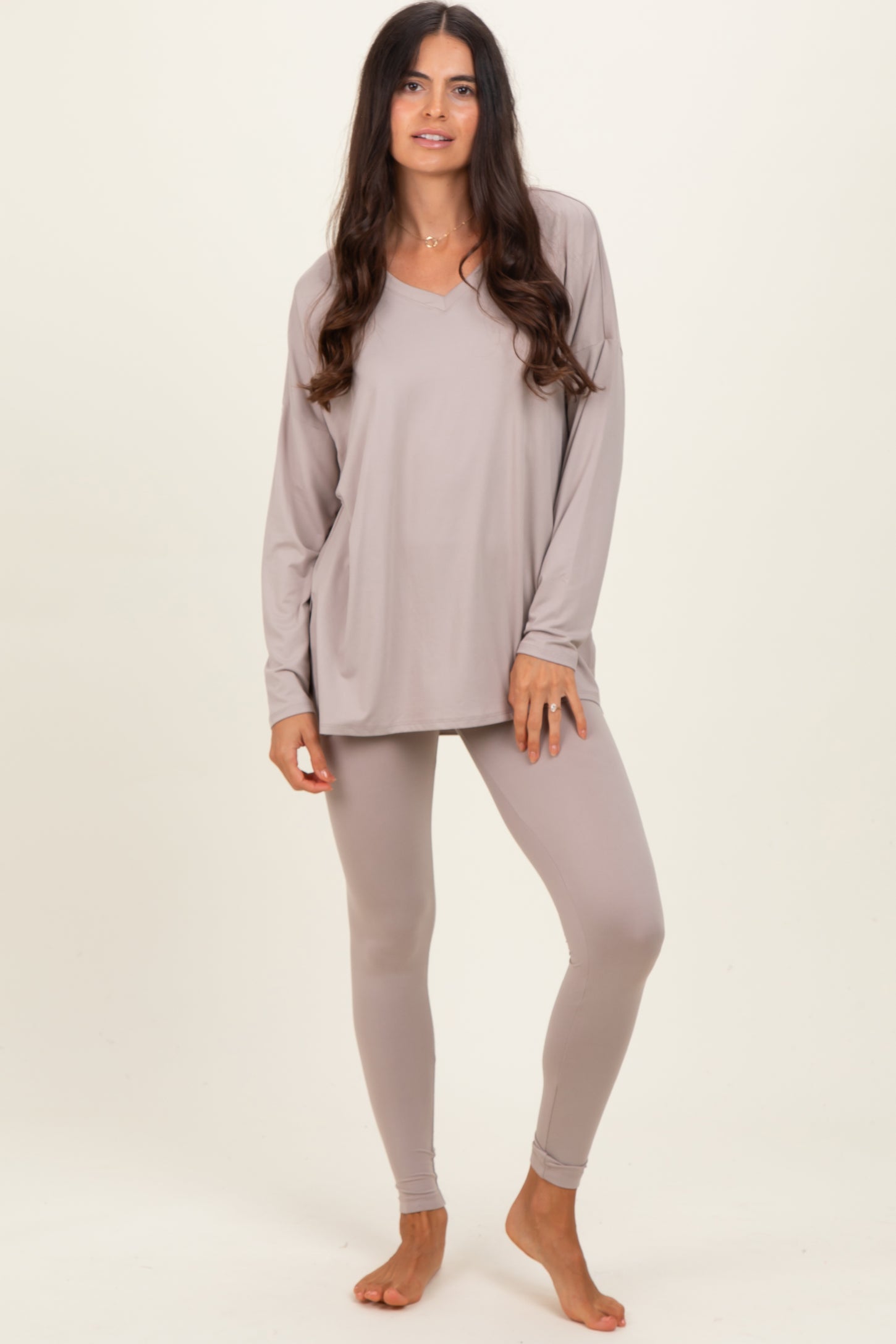 Beige Brushed Knit Maternity Oversized Top and Legging Set