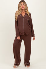 Brown Button Down Top Wide Leg Pant Maternity Pajama Set