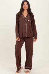 Brown Button Down Top Wide Leg Pant Pajama Set