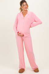 Light Pink Button Down Top Wide Leg Pant Maternity Pajama Set