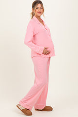 Light Pink Button Down Top Wide Leg Pant Maternity Pajama Set