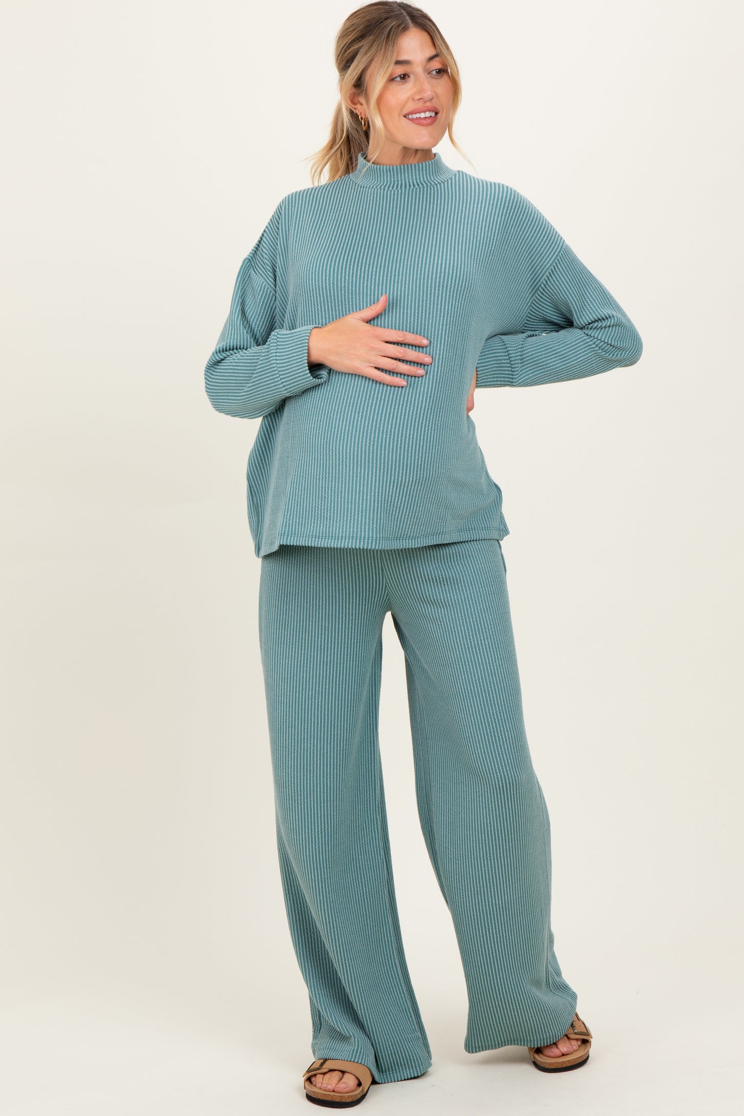 Jade Textured Rib Mock Neck Long Sleeve Pants Maternity Set