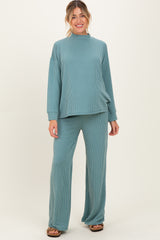Jade Textured Rib Mock Neck Long Sleeve Pants Maternity Set