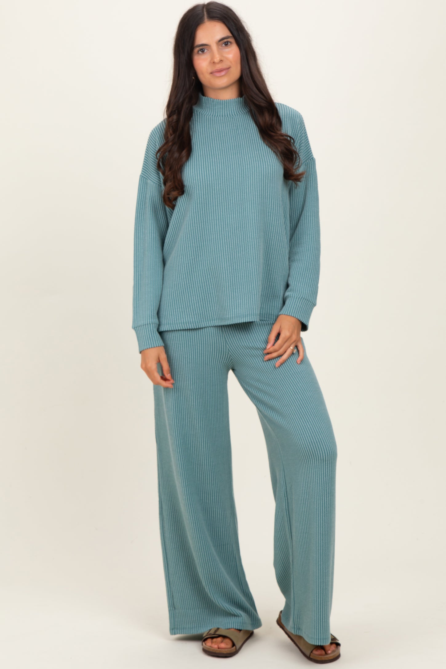 Jade Textured Rib Mock Neck Long Sleeve Pants Set