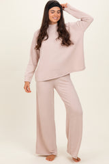 Beige Textured Rib Mock Neck Long Sleeve Pants Maternity Set