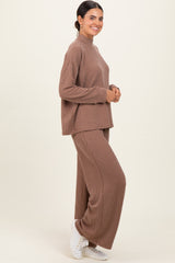 Mocha Textured Rib Mock Neck Long Sleeve Pants Set