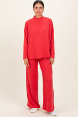Red Textured Rib Mock Neck Long Sleeve Pants Set