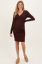 Brown Ribbed Long Sleeve V-Neck Wrap Maternity Midi Dress