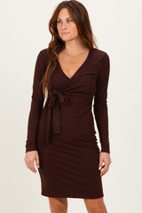 Brown Ribbed Long Sleeve V-Neck Wrap Midi Dress