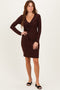 Brown Ribbed Long Sleeve V-Neck Wrap Midi Dress