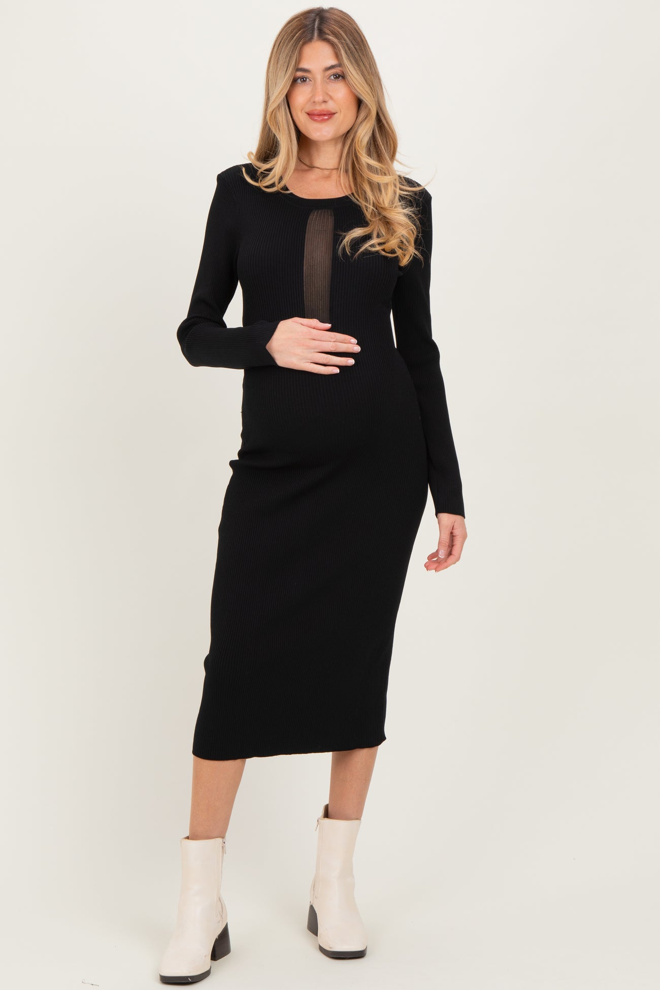 Black Fitted Mesh Cutout Maternity Dress