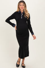 Black Denim Trim Maternity Knit Dress
