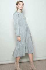Mint Tiny Floral Ruffled Mock Neck Babydoll Midi Dress