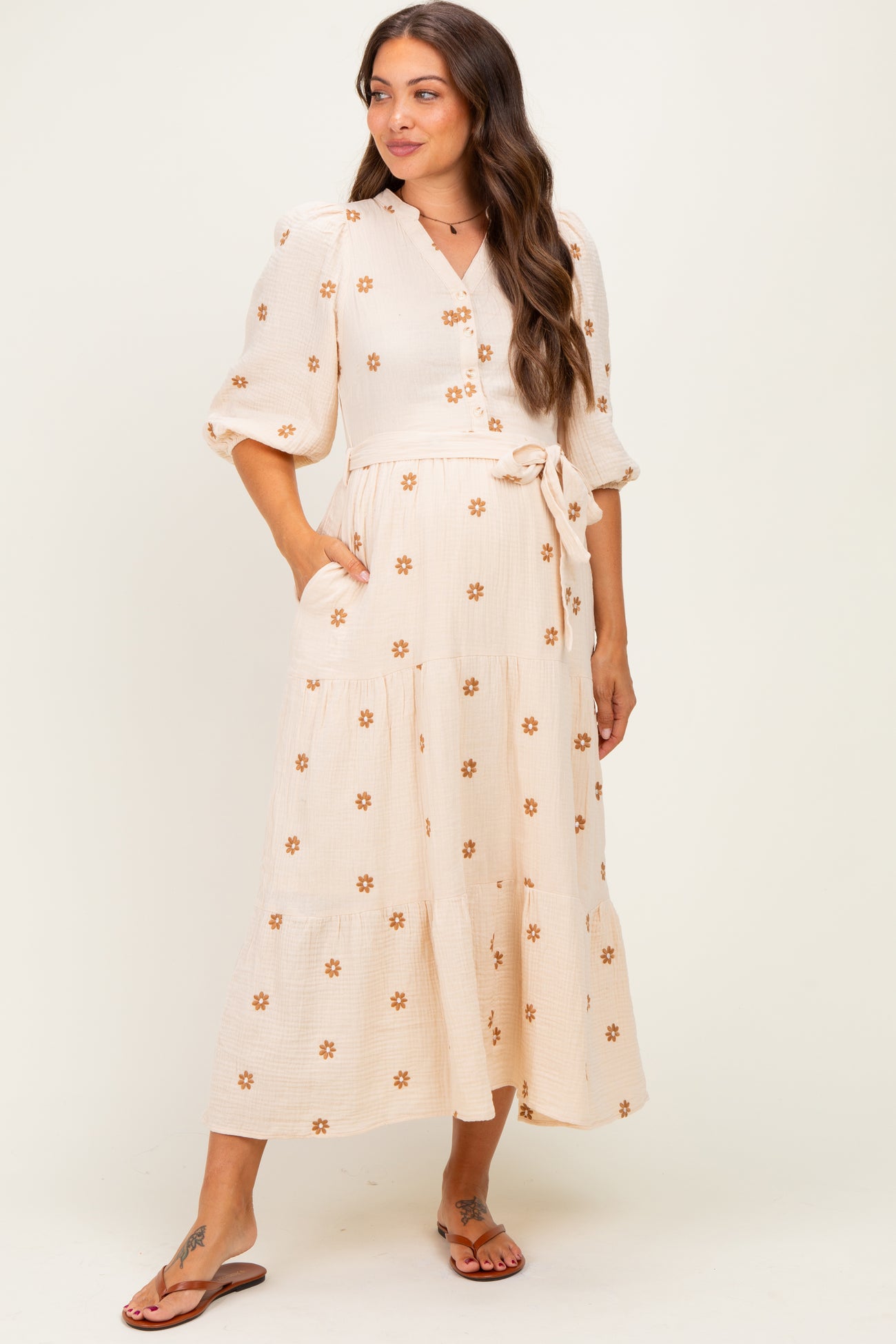 Brown Floral Cotton Gauze Tiered Maternity Midi Dress