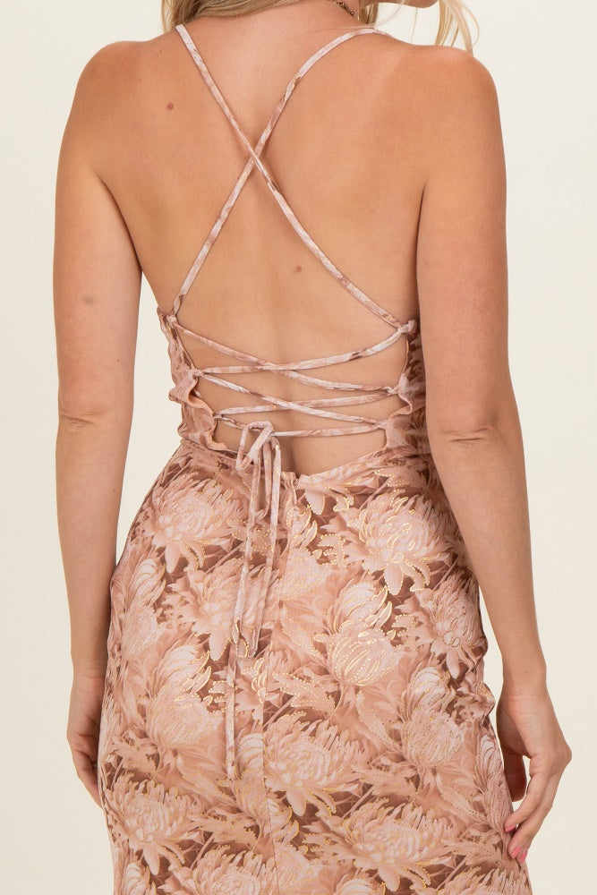 Peach Cowl Neck Lace Up Back Maxi Dress