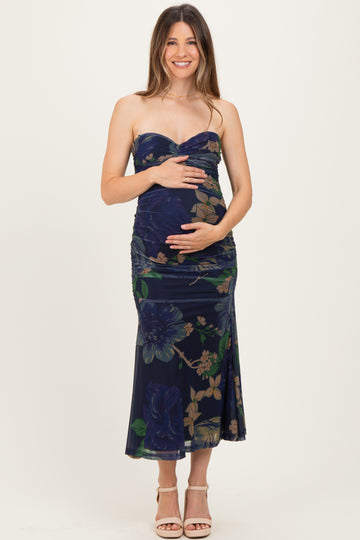 Navy Floral Mesh Ruched Maternity Midi Dress