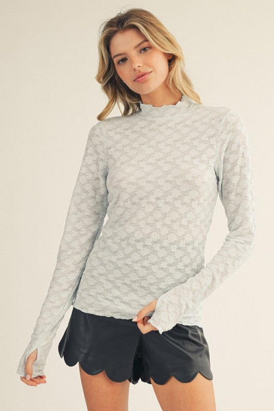 Light Blue Thumbhole Sleeves Mock Neck Lace Top