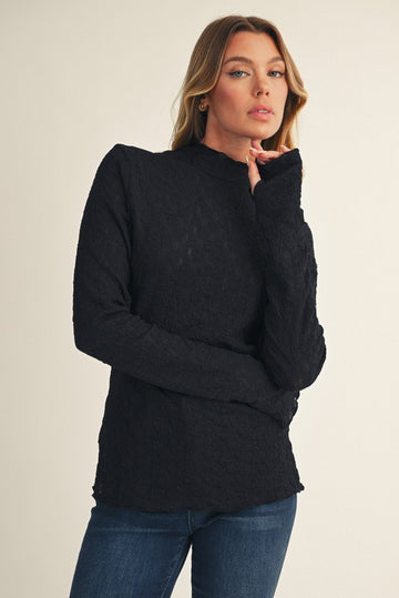 Black Thumbhole Sleeves Mock Neck Lace Top