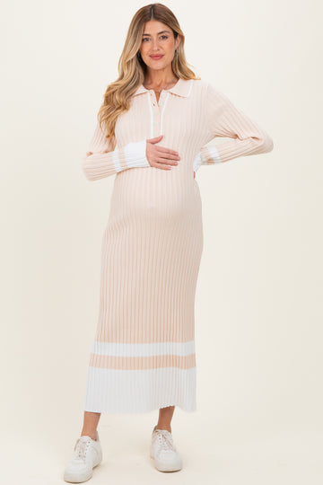 Cream Ribbed Knit Colorblock Polo Maternity Maxi Dress