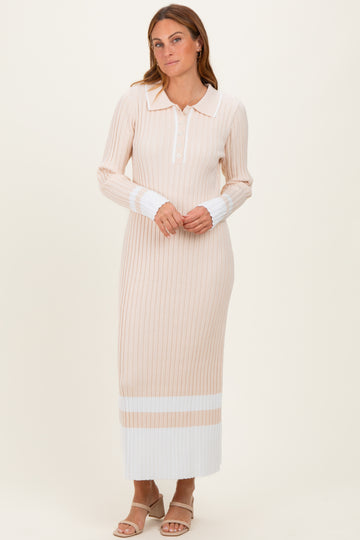 Cream Ribbed Knit Colorblock Polo Maxi Dress
