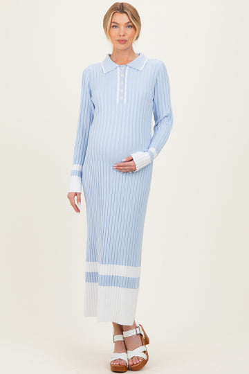 Light Blue Ribbed Knit Colorblock Polo Maternity Maxi Dress