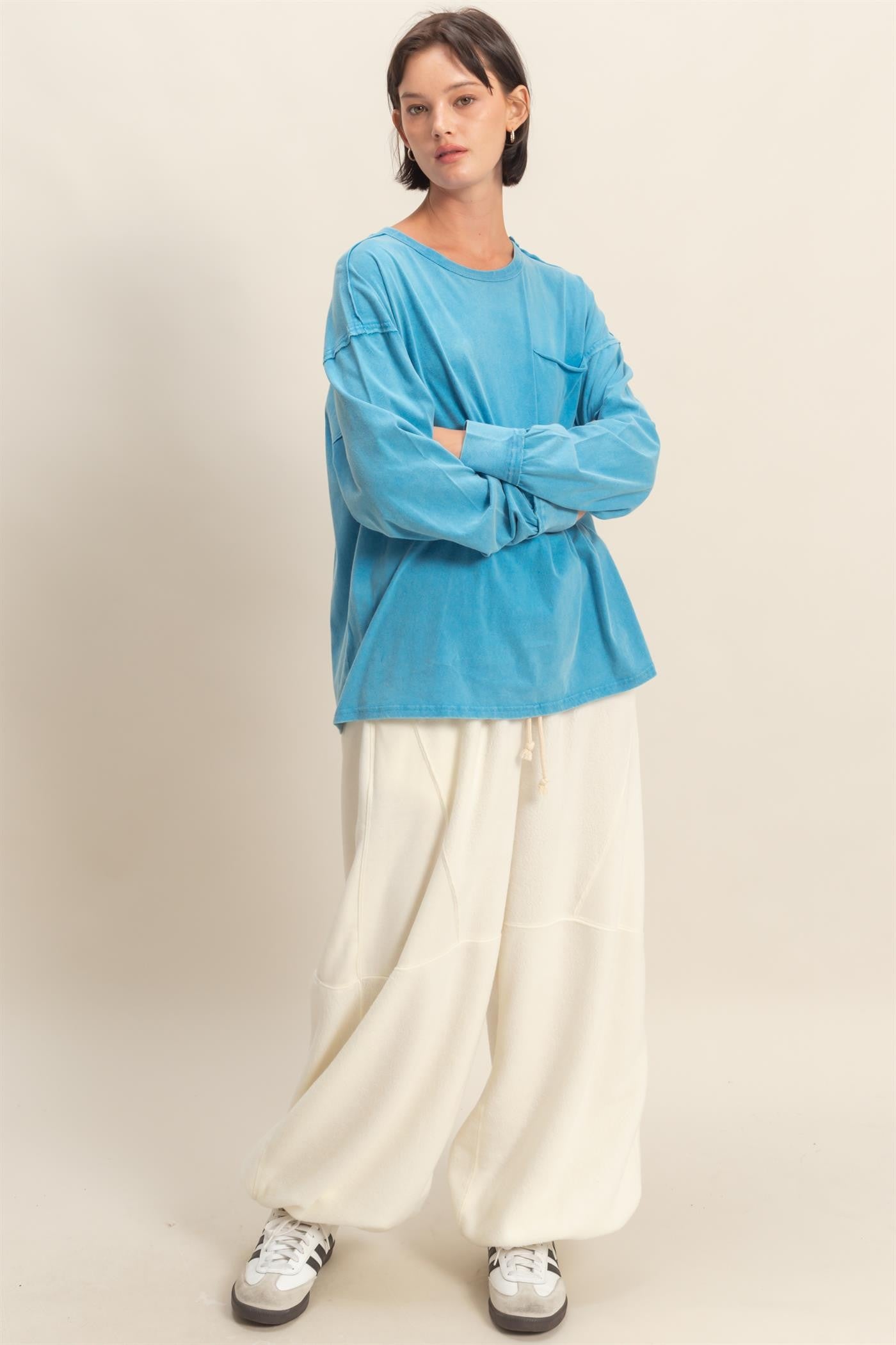 Aqua Oversized Washed Long Sleeve Pocket Top