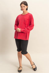 Red Oversized Washed Long Sleeve Pocket Top