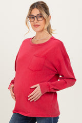 Red Oversized Washed Long Sleeve Pocket Maternity Top