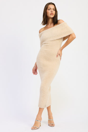 Cream Fuzzy Knit Off Shoulder Midi Dress