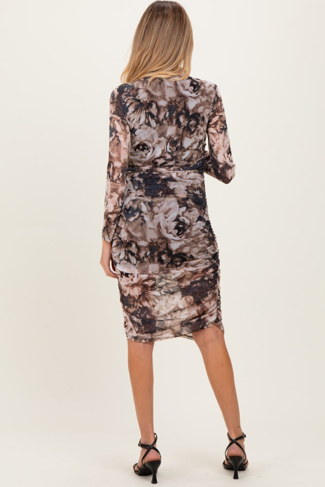 Brown Floral Mesh Overlay Ruched Maternity Dress
