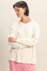 Cream Oversized Washed Long Sleeve Pocket Top