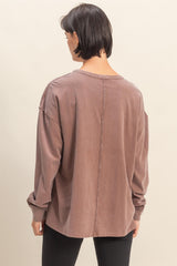 Mocha Oversized Washed Long Sleeve Pocket Top