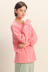 Pink Oversized Washed Long Sleeve Pocket Top