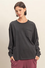 Black Oversized Washed Long Sleeve Pocket Top