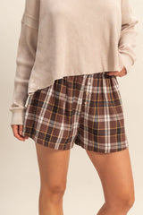 Brown Button-Front Plaid Boxer Shorts