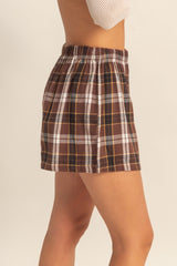 Brown Button-Front Plaid Boxer Shorts