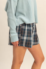 Navy Button-Front Plaid Boxer Shorts
