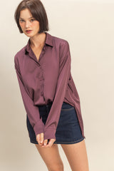 Burgundy Long Sleeve Oversized Satin Maternity Shirt