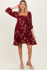 Burgundy Floral Jacquard 3/4 Sleeve Maternity Dress