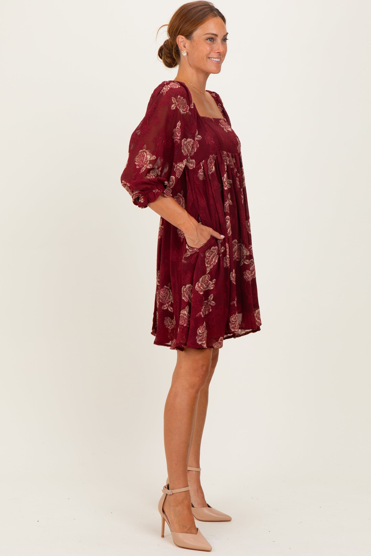 Burgundy Floral Jacquard 3/4 Sleeve Dress