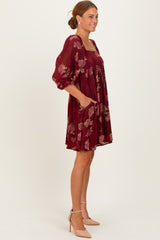 Burgundy Floral Jacquard 3/4 Sleeve Dress