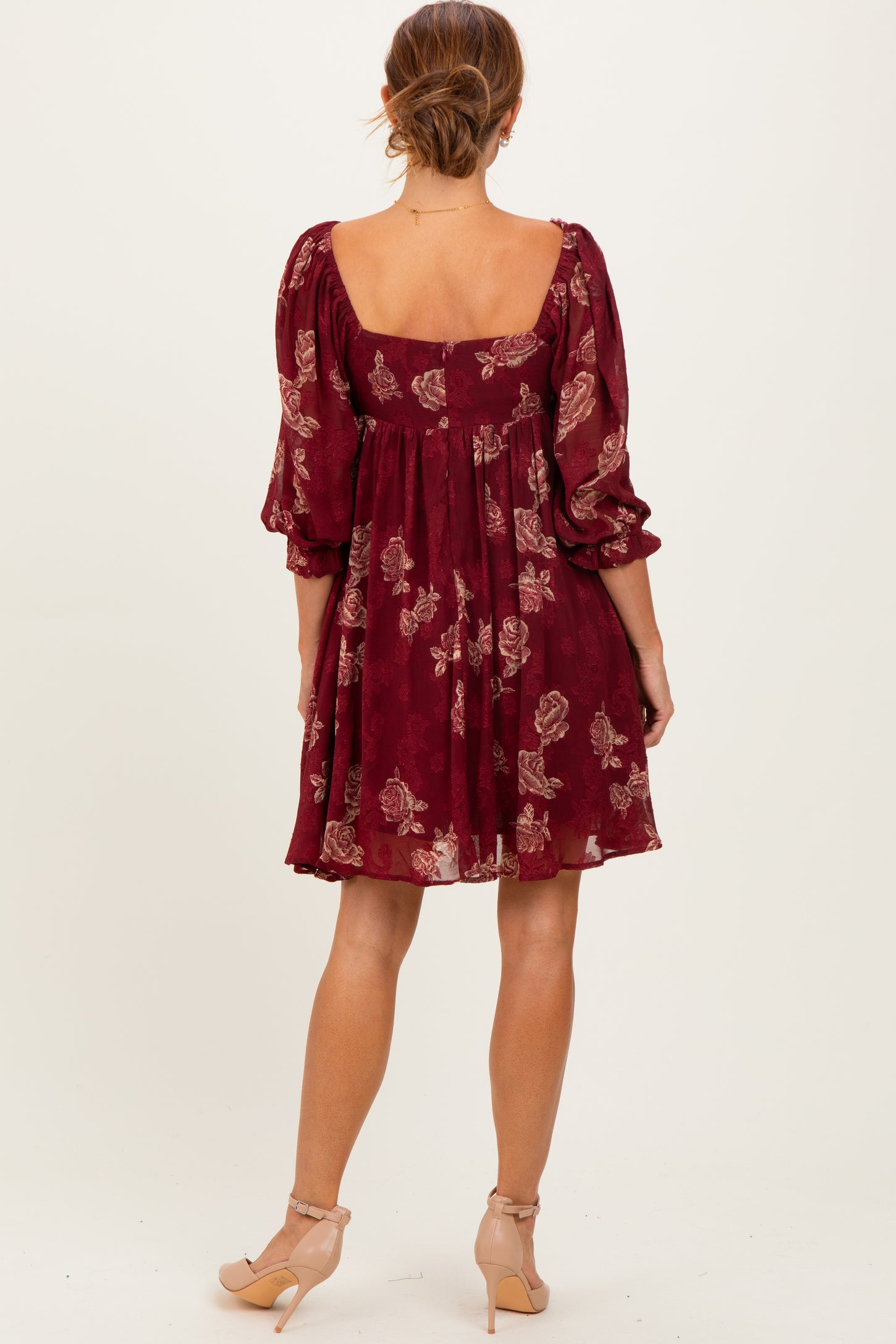Burgundy Floral Jacquard 3/4 Sleeve Dress