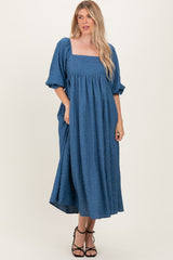 Blue Textured 3/4 Puff Sleeve Maternity Maxi Dress