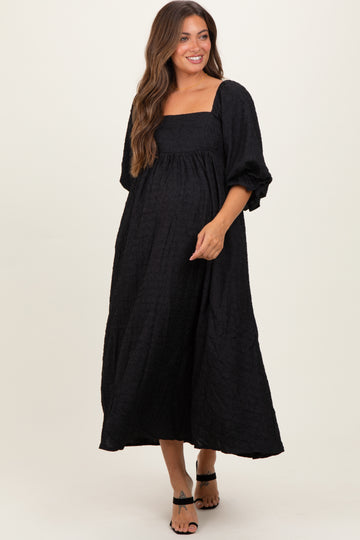 Black Textured 3/4 Puff Sleeve Maternity Maxi Dress